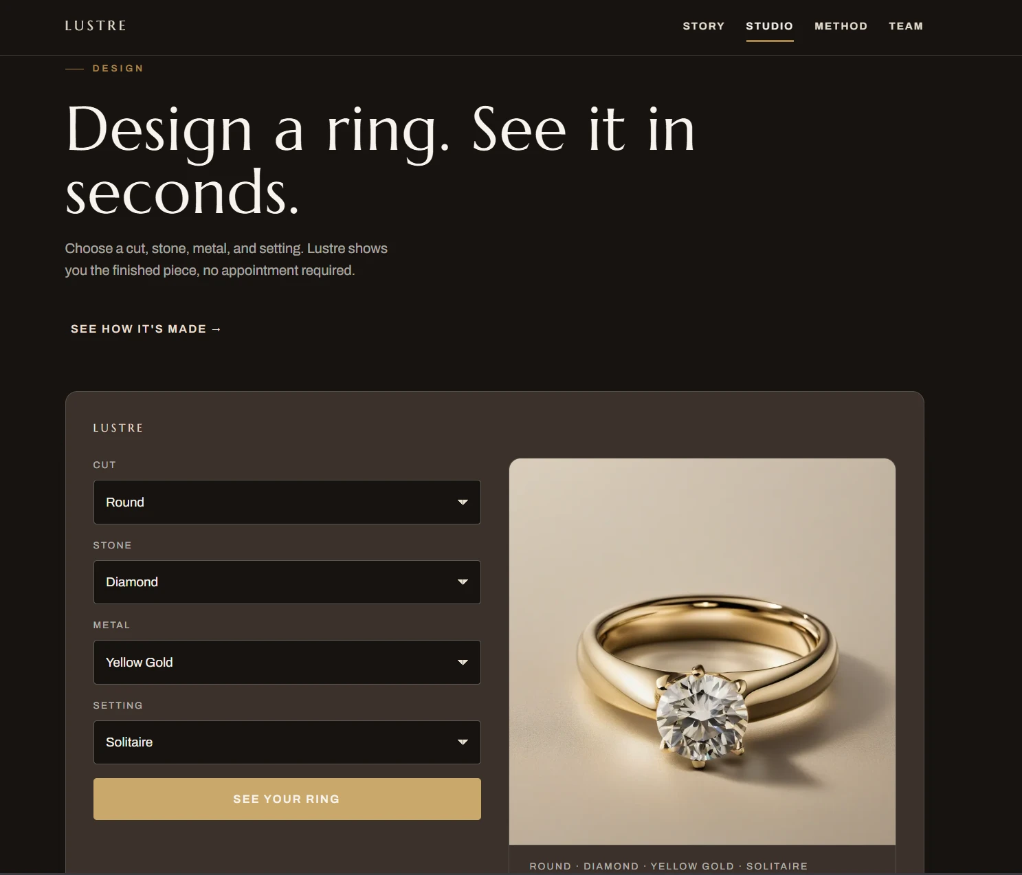 Lustre — A ring design tool powered by a fine-tuned text-to-image model.