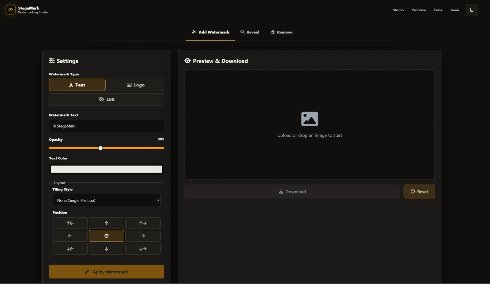 StegaMark — A browser-based watermarking studio for protecting digital images.